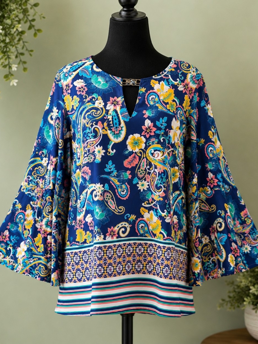 Valerie Stevens XL Floral Paisley Bell Sleeve Blouse Navy Stretch Boho Tunic Top